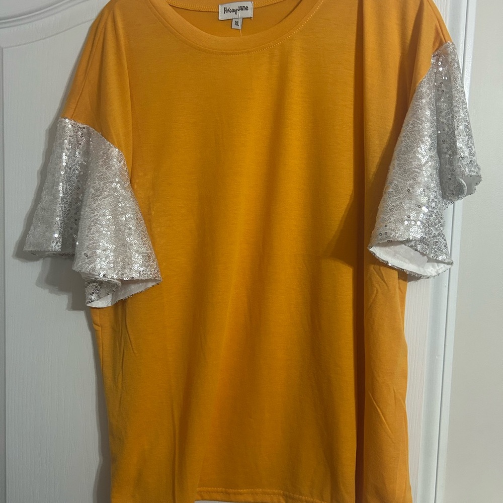 Yellow Top with Silver Sequin Sleeves
